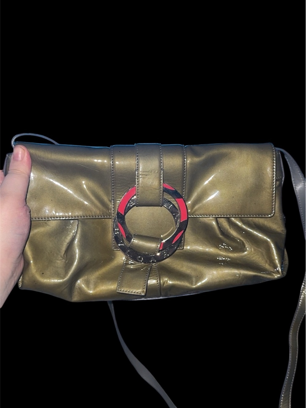 BLVGARI Olive Green Patent Leather Crossbody Bag with BLVGARI Rings